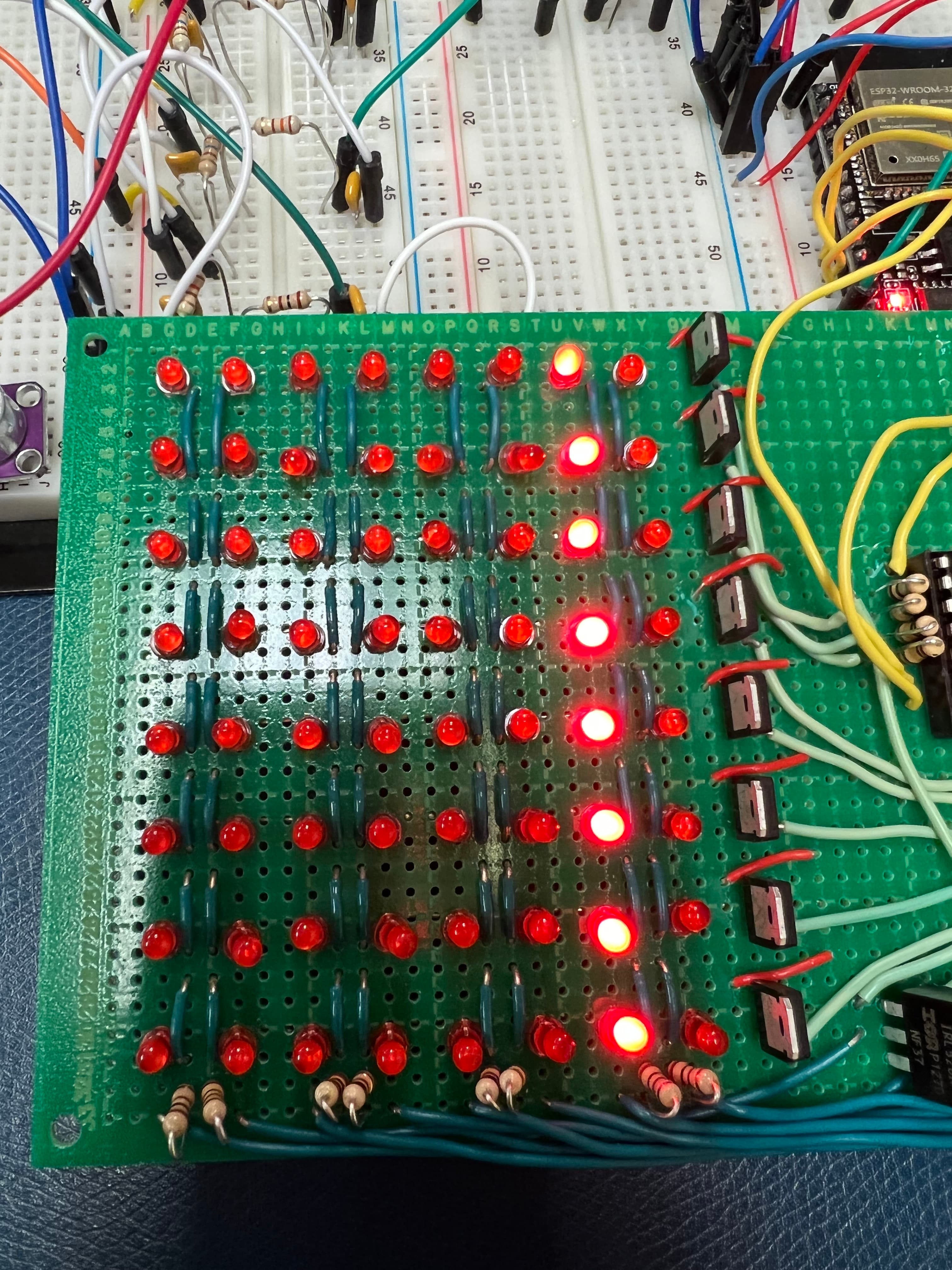 Lighting one row/column at a time confirmed the firmware's shifting logic was correct