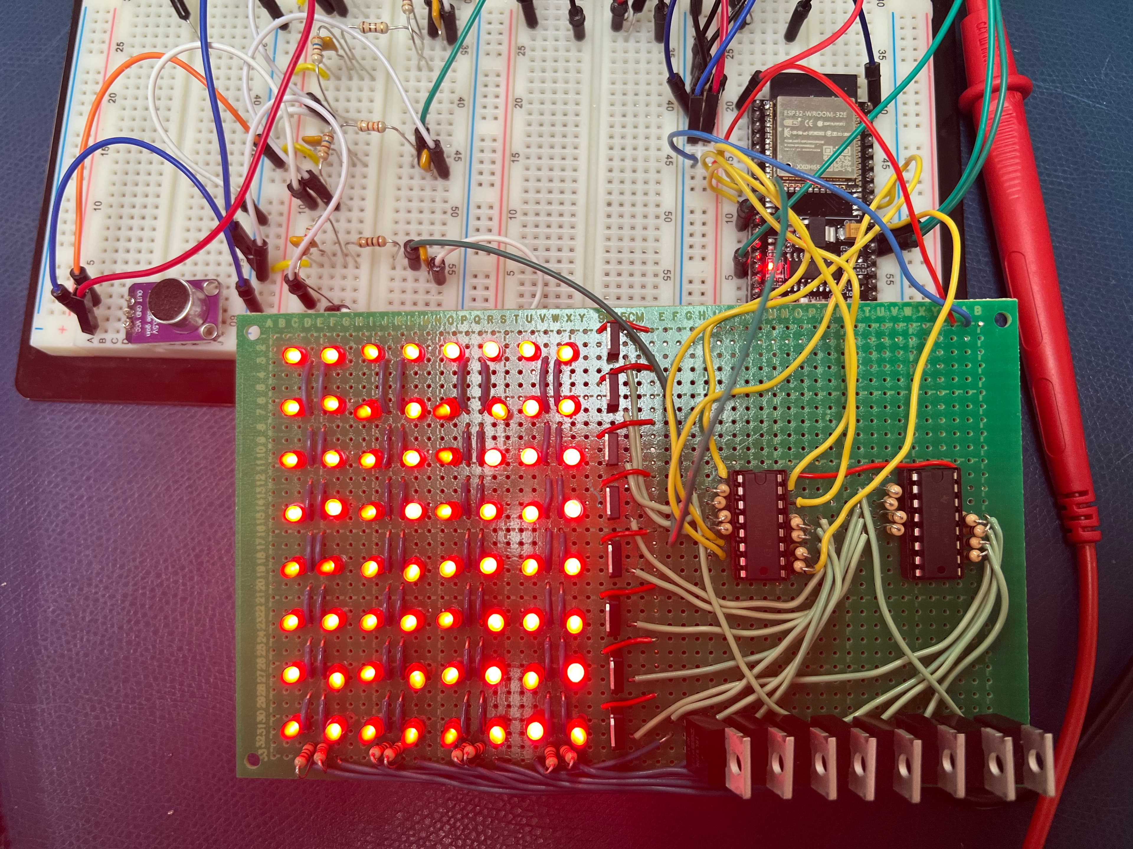 Final setup: the microphone and filter breadboard connected to the ESP32, driving the full LED matrix