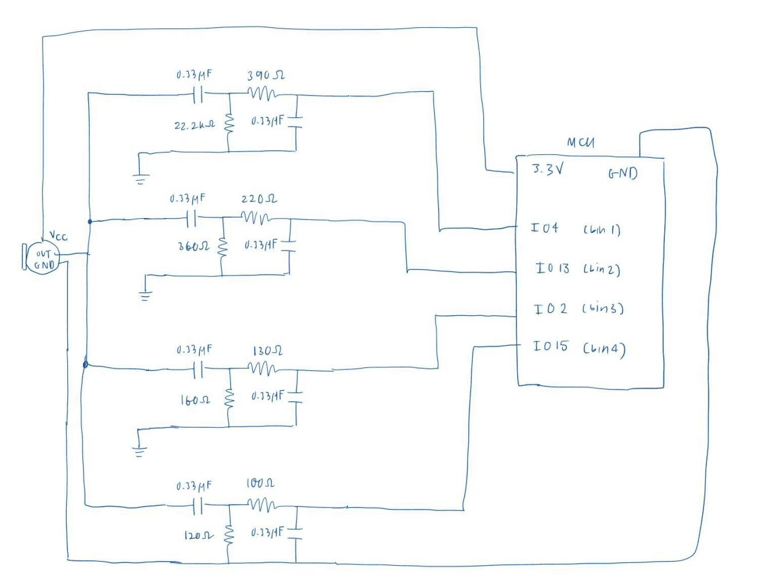 Final schematic with microphone, ADC, 4 filters, and ESP32