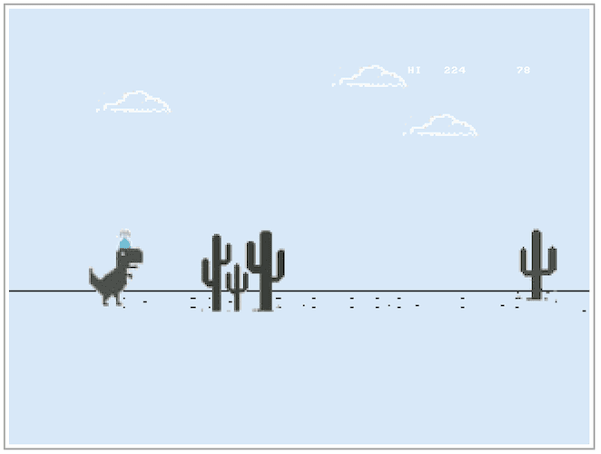 The dinosaur running across the desert, jumping past a cluster of cacti, with a live score counter in the corner