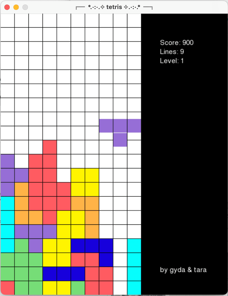 The Tetris game window mid-play: a falling purple T-piece above a partially filled board of red, yellow, orange, blue, green, and cyan blocks, with score, lines, and level counters