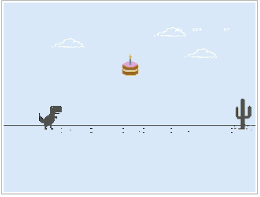 The dinosaur mid-run toward a cake power-up