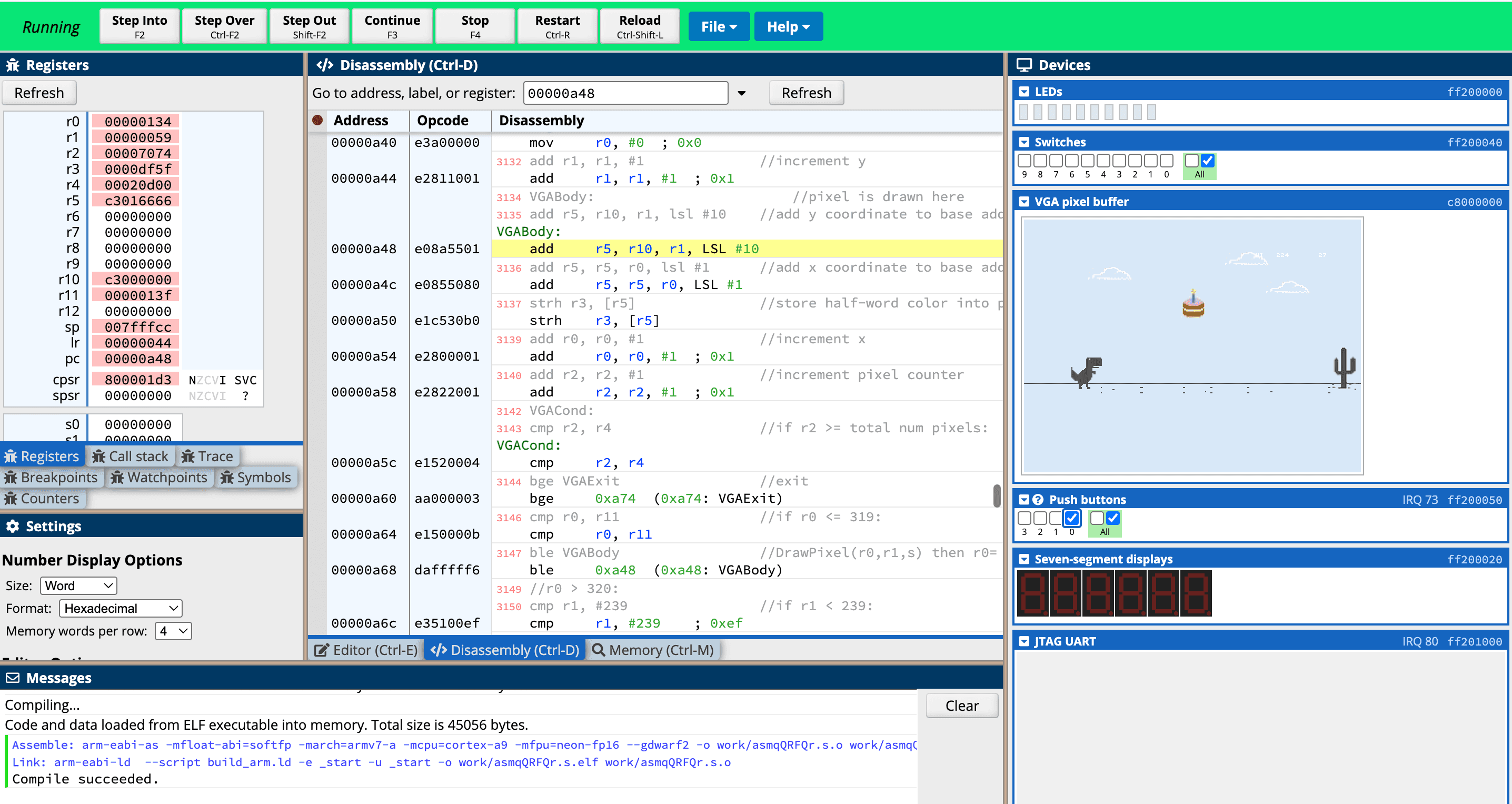 The CPUlator simulator mid-debug session