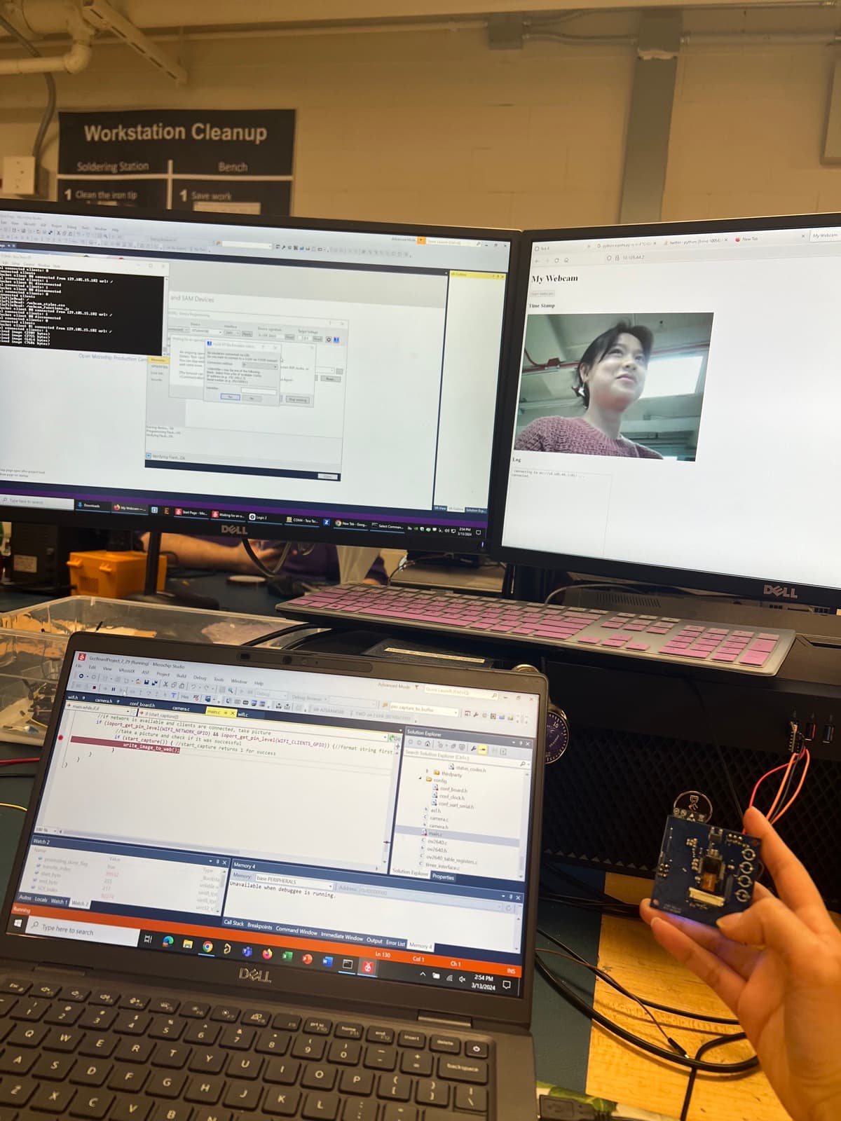 Microchip Studio breakpoint session, logic analyzer, and the camera board